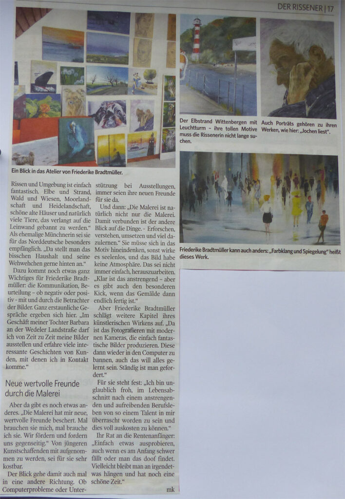 Presse - Friederike Bradtmüller - Hamburg - Rissen, Blankenese, Malerei, Acrylmalerei, Ölmalerei, Fotografie, Ausstellungen, Rissen Art